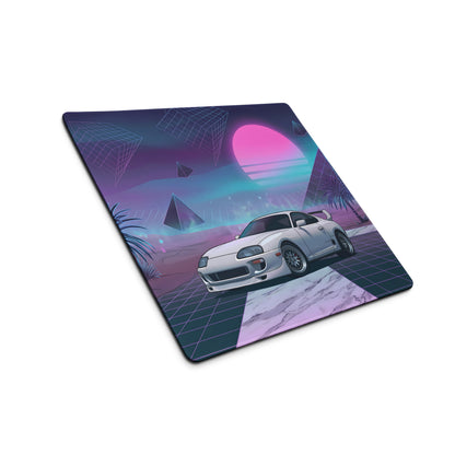 Toyota Supra MK4 Inspired White Purple Vaporwave Gaming Mouse Pad, Neon Retro Futuristic JDM Desk Mat with Synthwave Palm Tree Sports Car Art