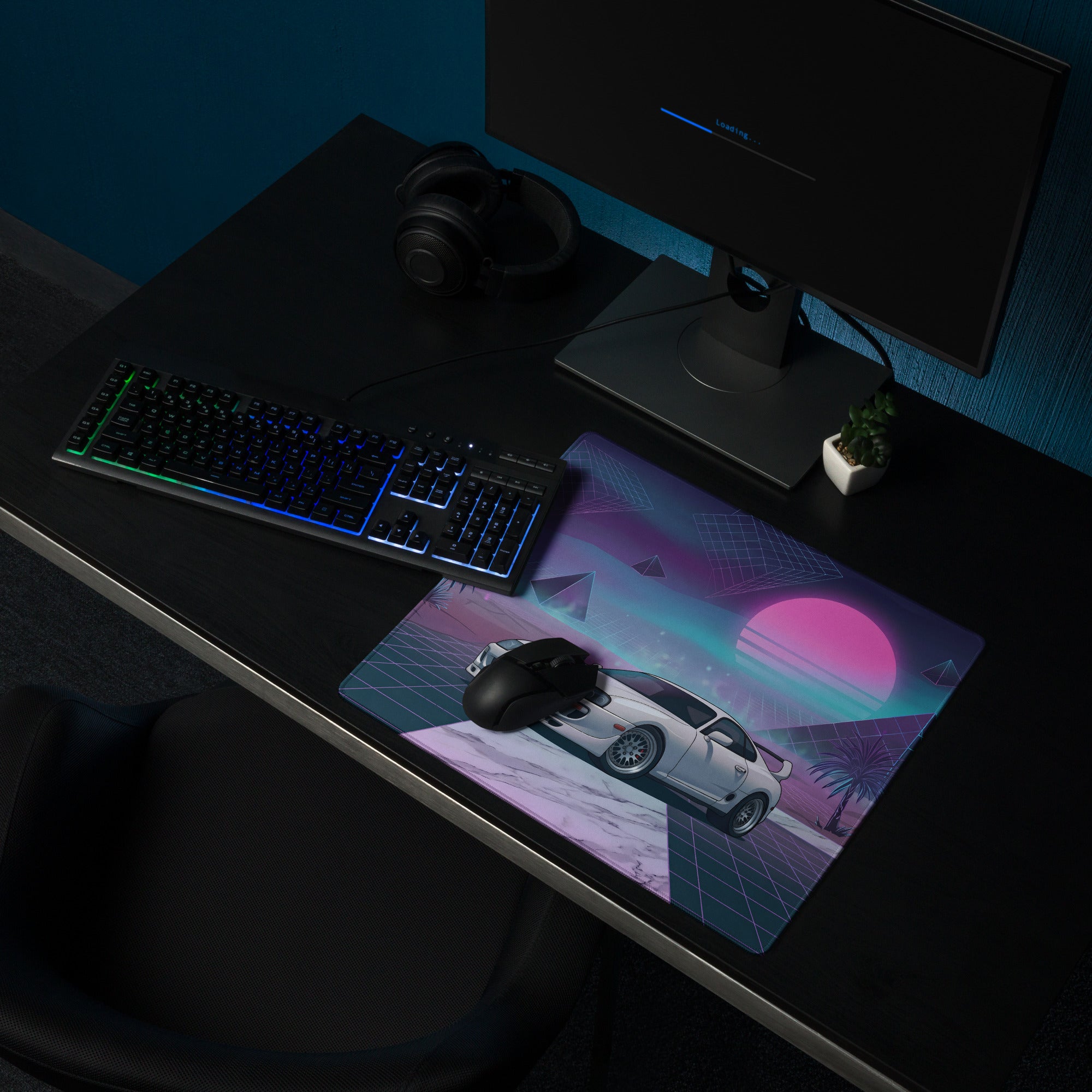 Toyota Supra MK4 Inspired White Purple Vaporwave Gaming Mouse Pad, Neon Retro Futuristic JDM Desk Mat with Synthwave Palm Tree Sports Car Art