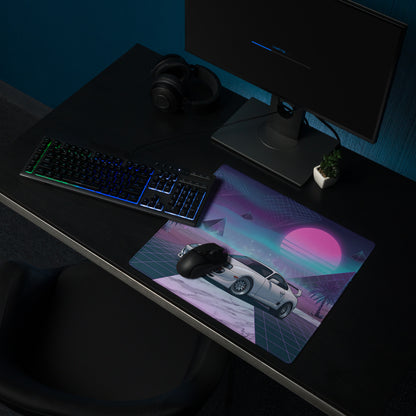Toyota Supra MK4 Inspired White Purple Vaporwave Gaming Mouse Pad, Neon Retro Futuristic JDM Desk Mat with Synthwave Palm Tree Sports Car Art