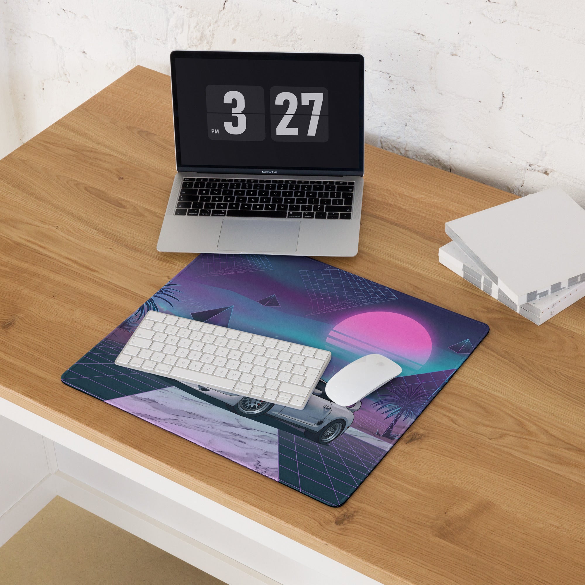 Toyota Supra MK4 Inspired White Purple Vaporwave Gaming Mouse Pad, Neon Retro Futuristic JDM Desk Mat with Synthwave Palm Tree Sports Car Art