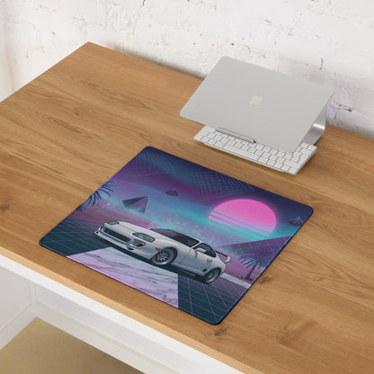 Toyota Supra MK4 Inspired White Purple Vaporwave Gaming Mouse Pad, Neon Retro Futuristic JDM Desk Mat with Synthwave Palm Tree Sports Car Art