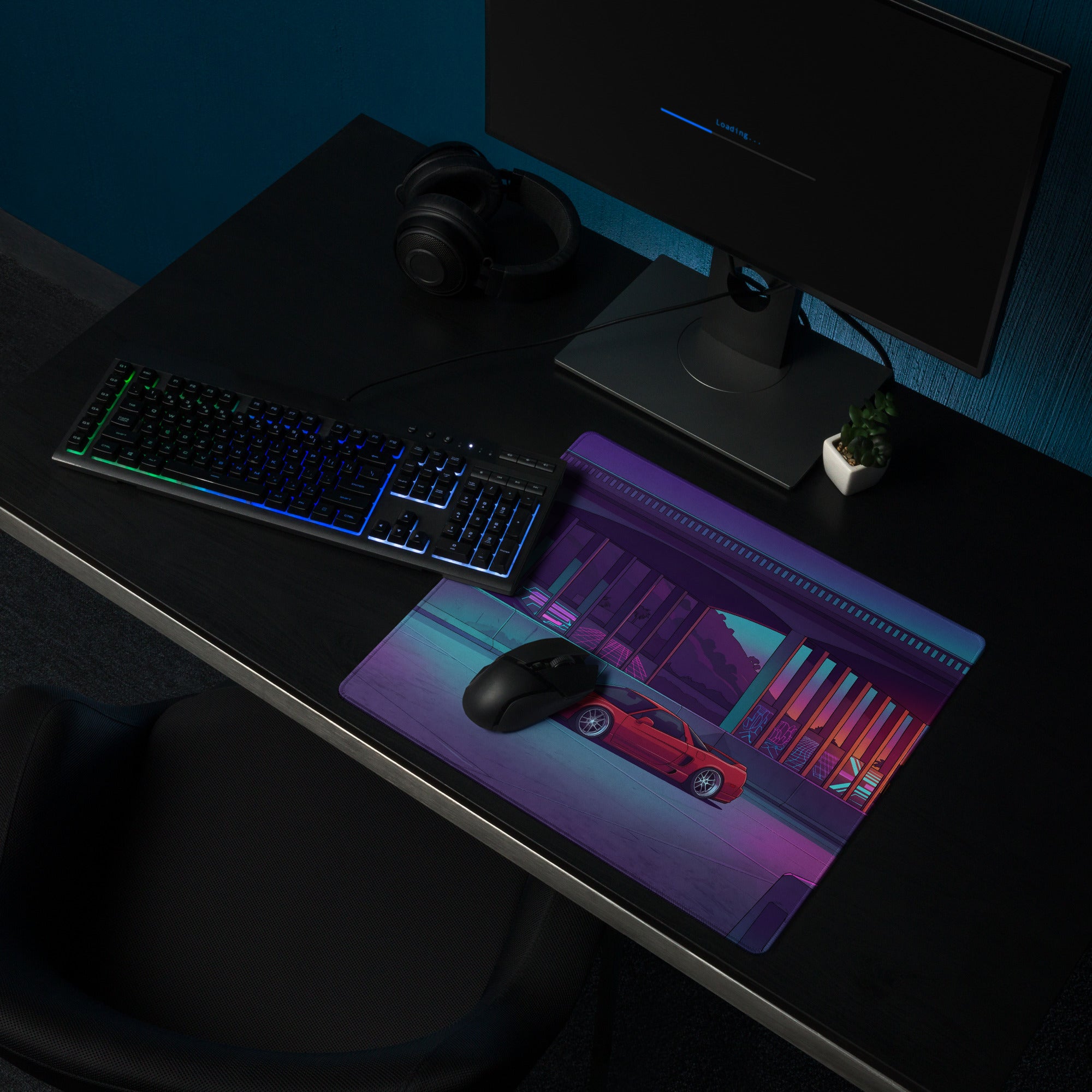 Acura NSX Inspired Red Purple Vaporwave Gaming Mouse Pad, Neon Retro Futuristic Japanese Sports Car Desk Mat with Cyberpunk Highway Sunset Art