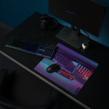 Acura NSX Inspired Red Purple Vaporwave Gaming Mouse Pad, Neon Retro Futuristic Japanese Sports Car Desk Mat with Cyberpunk Highway Sunset Art