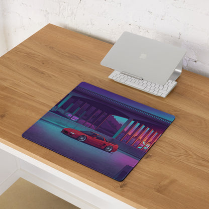 Acura NSX Inspired Red Purple Vaporwave Gaming Mouse Pad, Neon Retro Futuristic Japanese Sports Car Desk Mat with Cyberpunk Highway Sunset Art