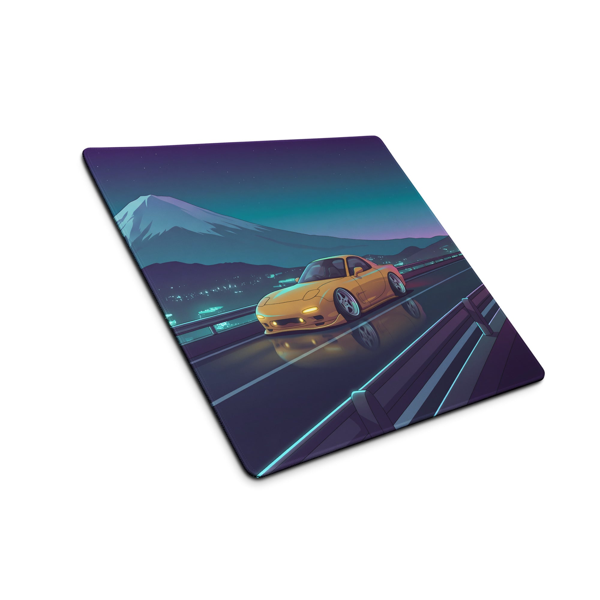 Mazda RX-7 FD Inspired Yellow Blue Vaporwave Gaming Mouse Pad, Neon Japanese Mountain Highway Desk Mat with Retro Futuristic JDM Sports Car Art