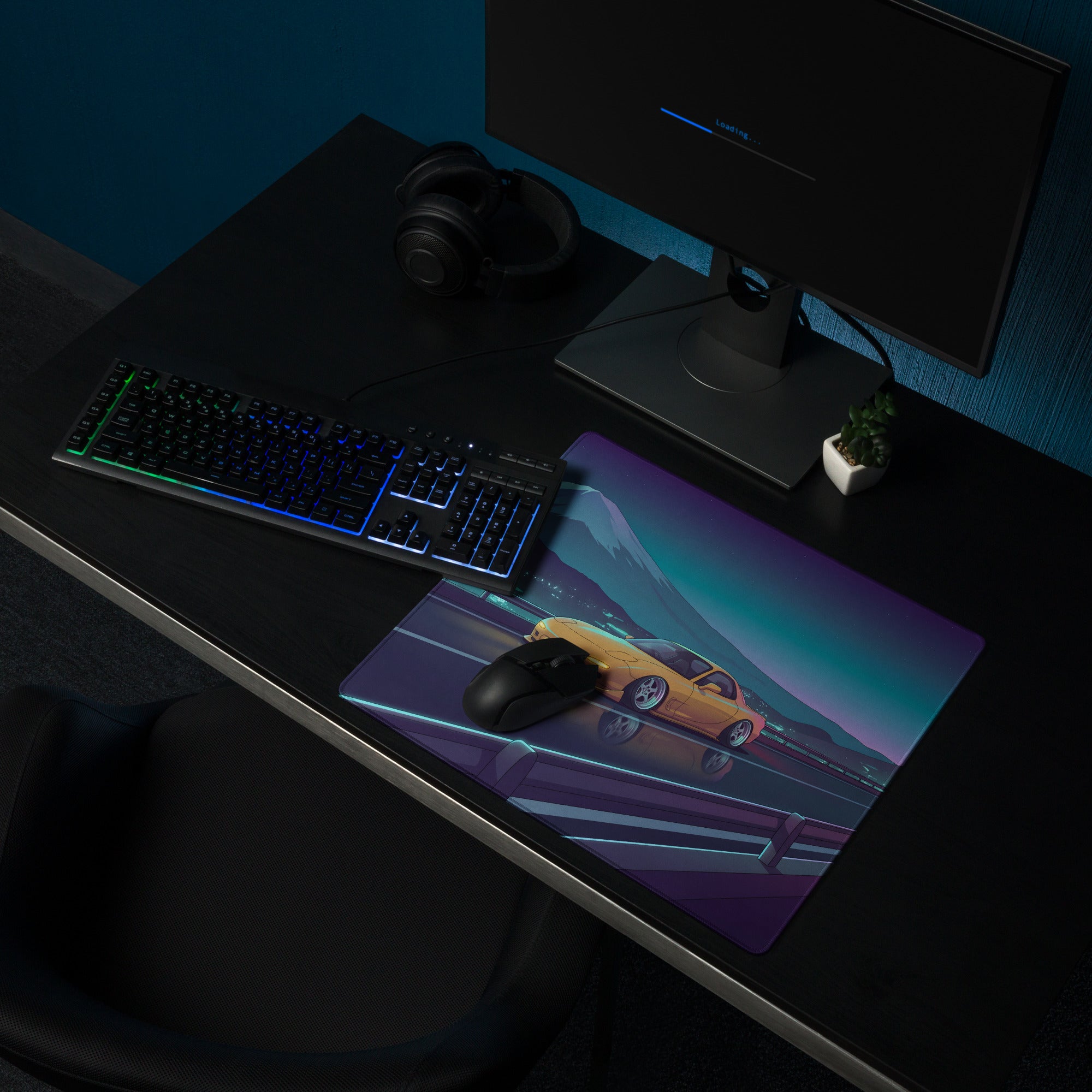 Mazda RX-7 FD Inspired Yellow Blue Vaporwave Gaming Mouse Pad, Neon Japanese Mountain Highway Desk Mat with Retro Futuristic JDM Sports Car Art