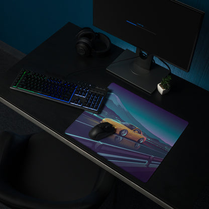 Mazda RX-7 FD Inspired Yellow Blue Vaporwave Gaming Mouse Pad, Neon Japanese Mountain Highway Desk Mat with Retro Futuristic JDM Sports Car Art