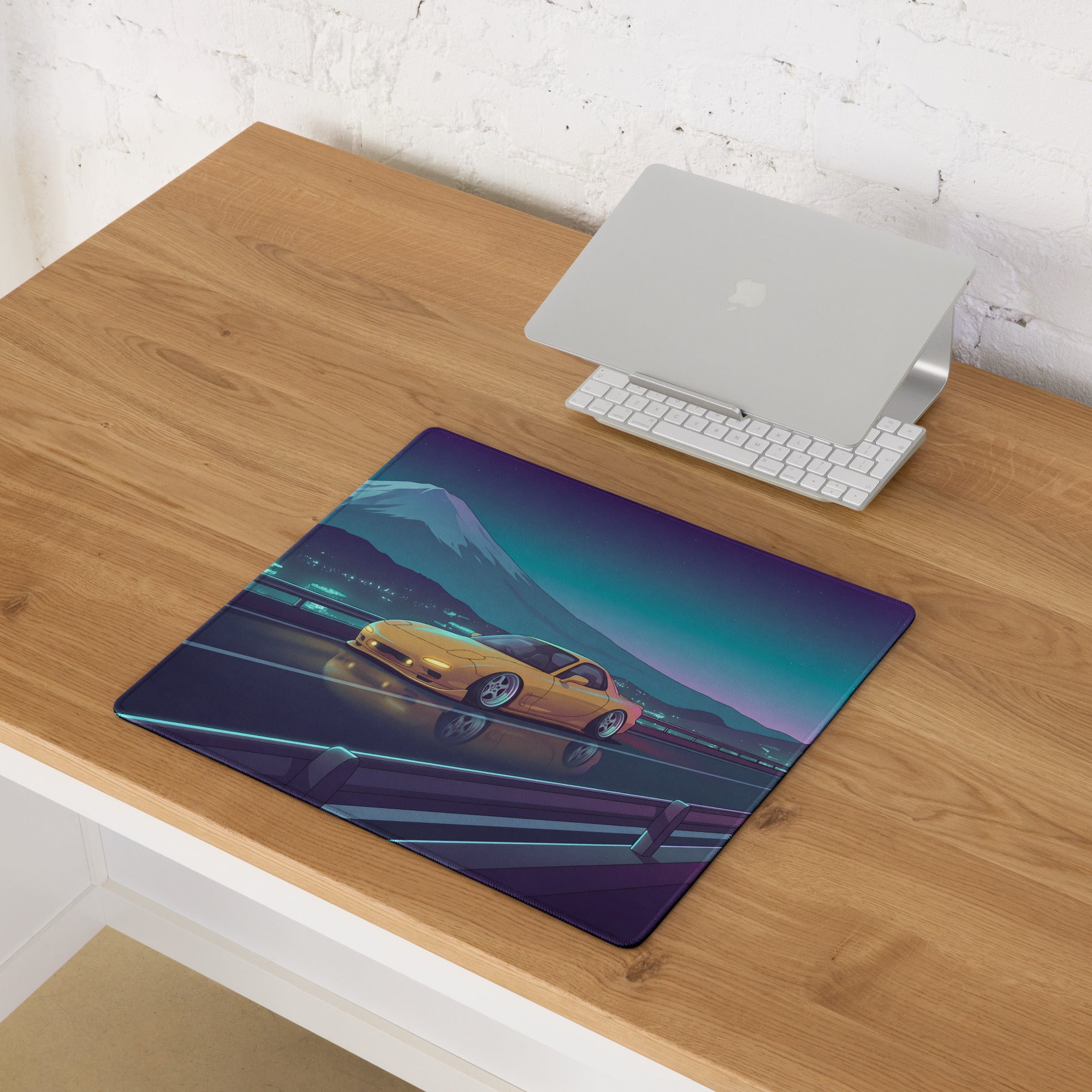 Mazda RX-7 FD Inspired Yellow Blue Vaporwave Gaming Mouse Pad, Neon Japanese Mountain Highway Desk Mat with Retro Futuristic JDM Sports Car Art