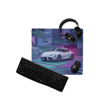Toyota GR Supra A90 Inspired White Blue Vaporwave Gaming Mouse Pad, Neon Futuristic JDM Desk Mat with Cyberpunk City Sports Car Artwork