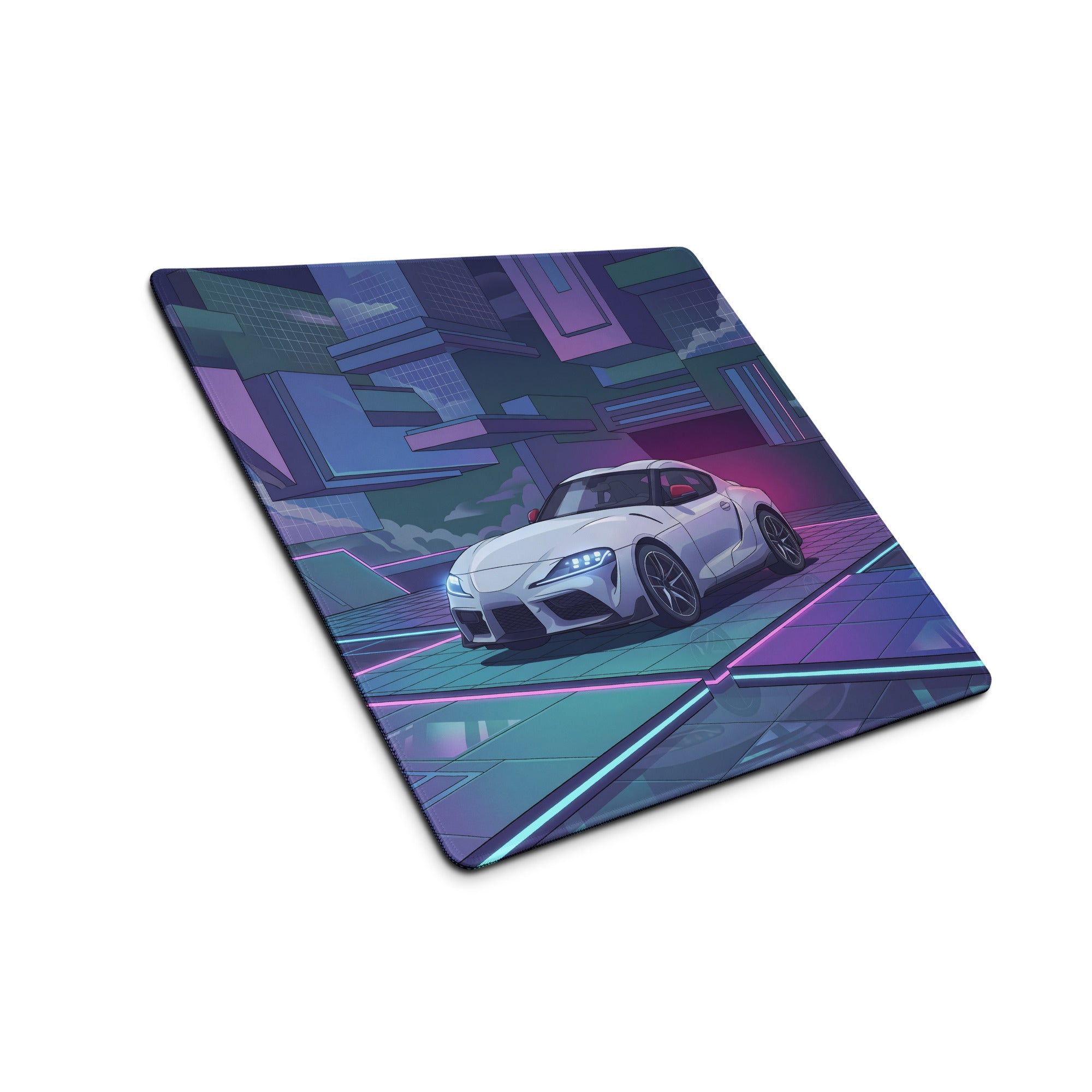 Toyota GR Supra A90 Inspired White Blue Vaporwave Gaming Mouse Pad, Neon Futuristic JDM Desk Mat with Cyberpunk City Sports Car Artwork