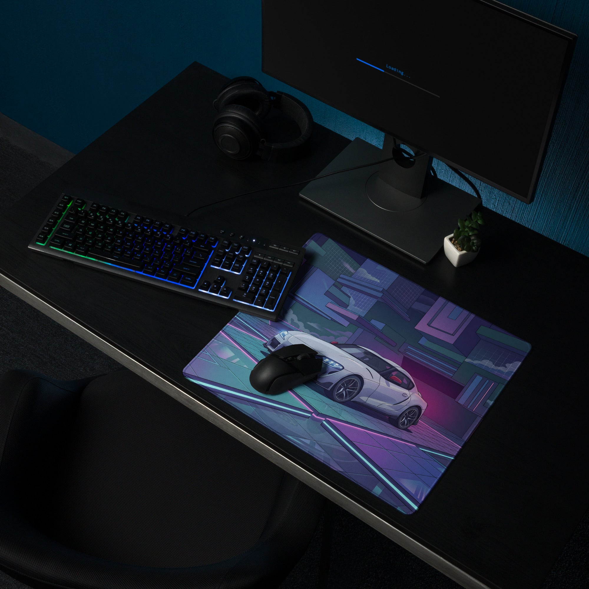 Toyota GR Supra A90 Inspired White Blue Vaporwave Gaming Mouse Pad, Neon Futuristic JDM Desk Mat with Cyberpunk City Sports Car Artwork