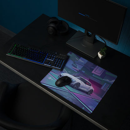 Toyota GR Supra A90 Inspired White Blue Vaporwave Gaming Mouse Pad, Neon Futuristic JDM Desk Mat with Cyberpunk City Sports Car Artwork