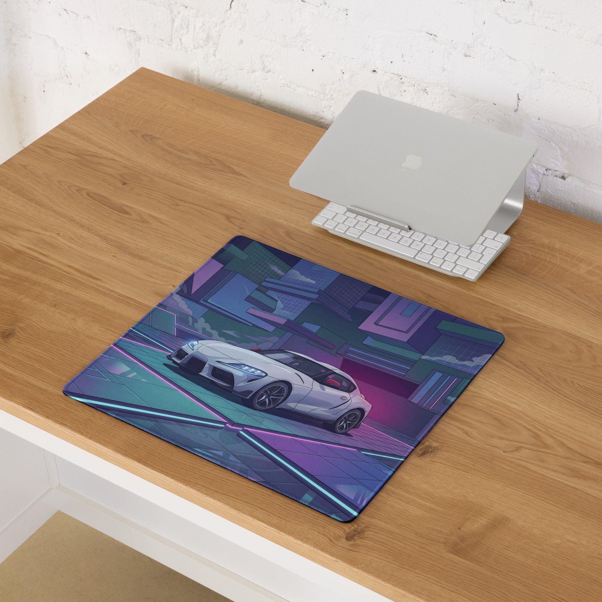 Toyota GR Supra A90 Inspired White Blue Vaporwave Gaming Mouse Pad, Neon Futuristic JDM Desk Mat with Cyberpunk City Sports Car Artwork