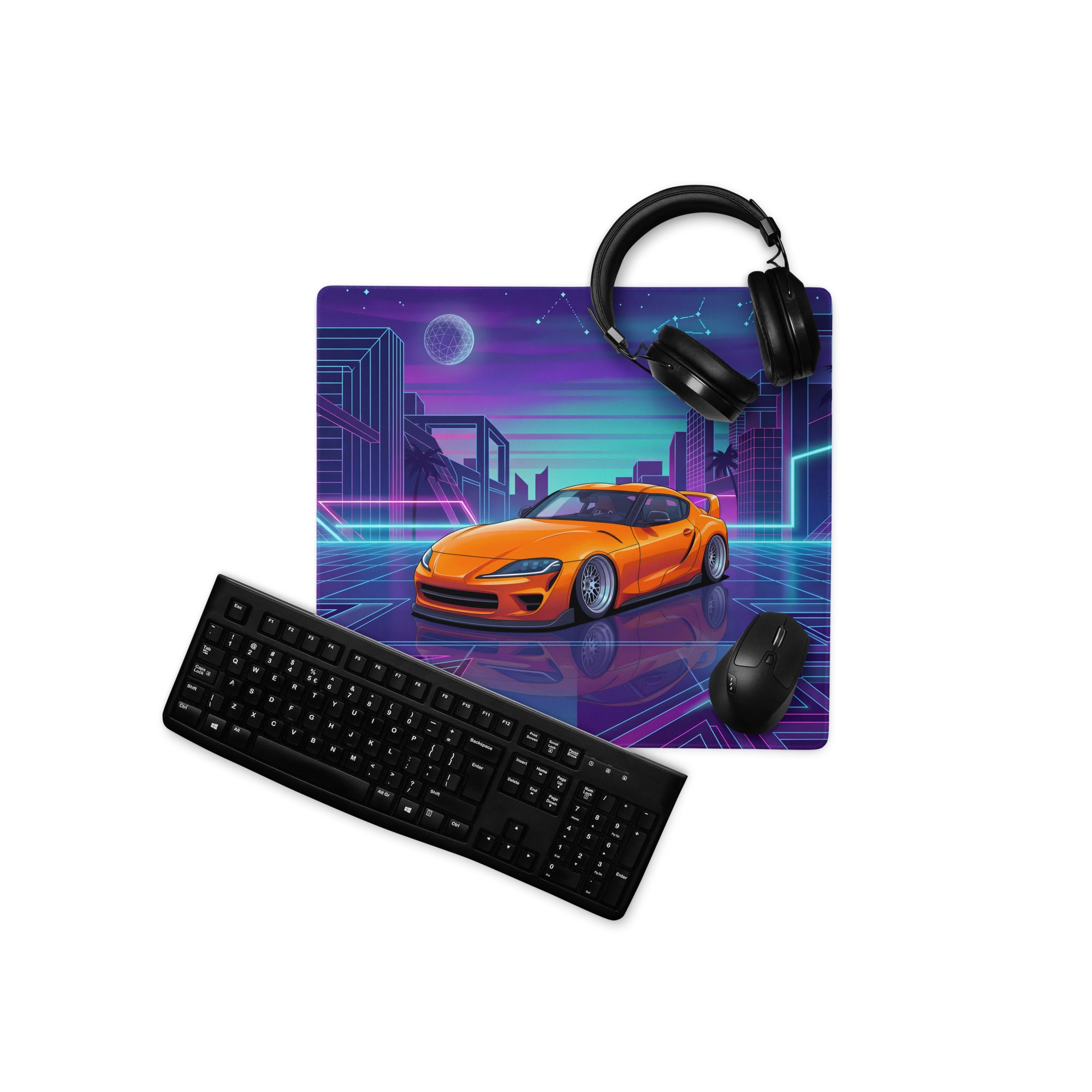Toyota GR Supra A90 Inspired Orange Purple Vaporwave Gaming Mouse Pad, Neon Retro Futuristic JDM Desk Mat with Cyberpunk City Sports Car Art
