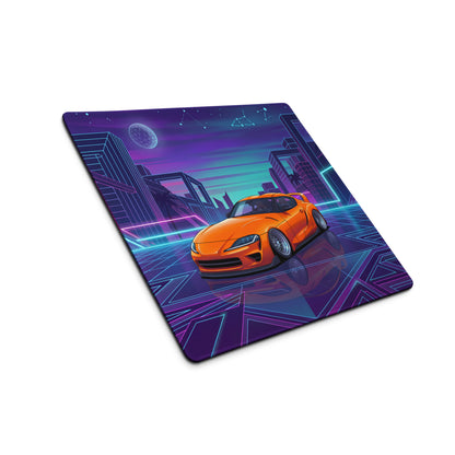 Toyota GR Supra A90 Inspired Orange Purple Vaporwave Gaming Mouse Pad, Neon Retro Futuristic JDM Desk Mat with Cyberpunk City Sports Car Art