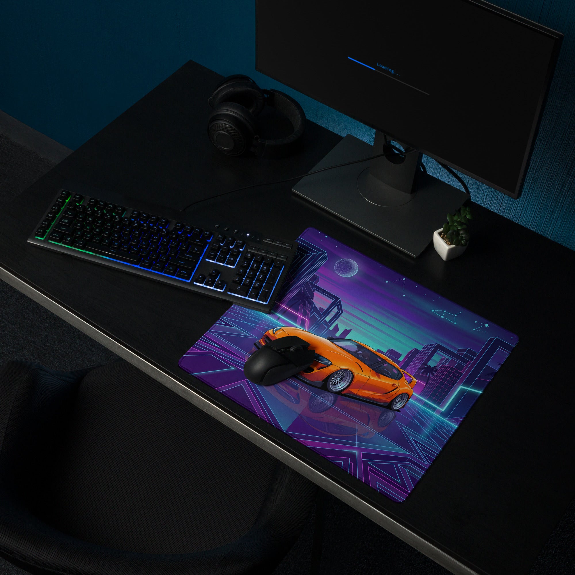 Toyota GR Supra A90 Inspired Orange Purple Vaporwave Gaming Mouse Pad, Neon Retro Futuristic JDM Desk Mat with Cyberpunk City Sports Car Art