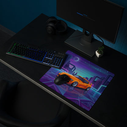 Toyota GR Supra A90 Inspired Orange Purple Vaporwave Gaming Mouse Pad, Neon Retro Futuristic JDM Desk Mat with Cyberpunk City Sports Car Art