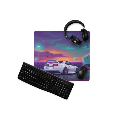 Toyota Supra MK4 Inspired White Purple Vaporwave Gaming Mouse Pad, Neon Retro Futuristic JDM Desk Mat with Synthwave Sunset Sports Car Art