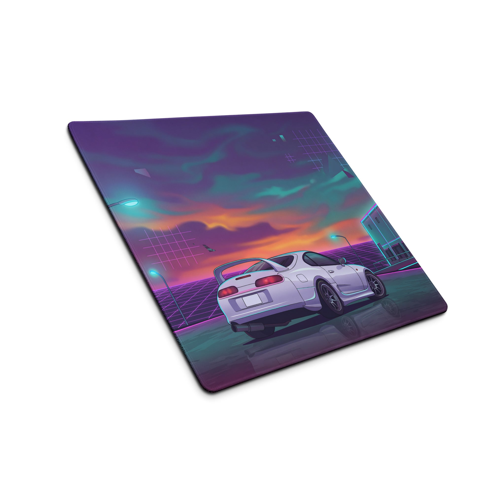 Toyota Supra MK4 Inspired White Purple Vaporwave Gaming Mouse Pad, Neon Retro Futuristic JDM Desk Mat with Synthwave Sunset Sports Car Art