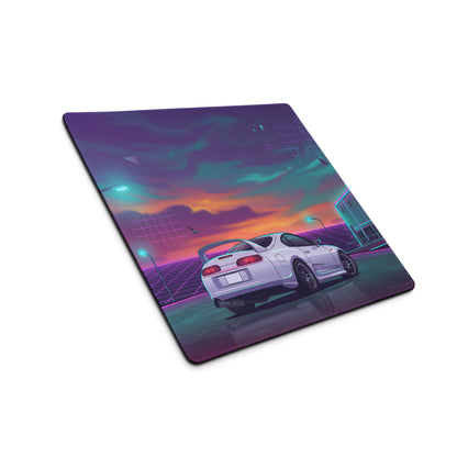 Toyota Supra MK4 Inspired White Purple Vaporwave Gaming Mouse Pad, Neon Retro Futuristic JDM Desk Mat with Synthwave Sunset Sports Car Art