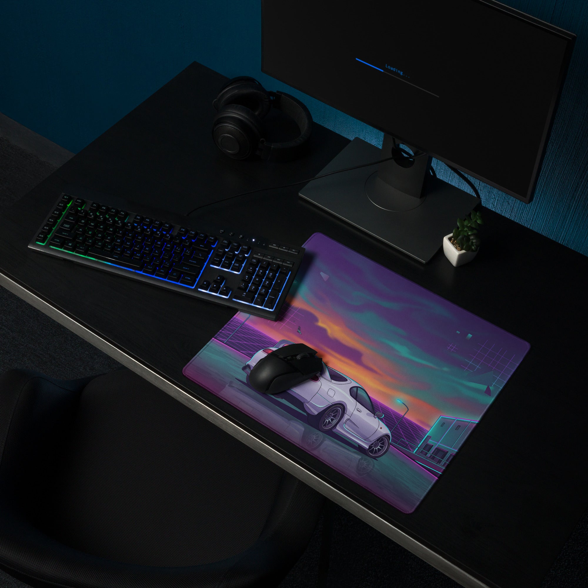 Toyota Supra MK4 Inspired White Purple Vaporwave Gaming Mouse Pad, Neon Retro Futuristic JDM Desk Mat with Synthwave Sunset Sports Car Art
