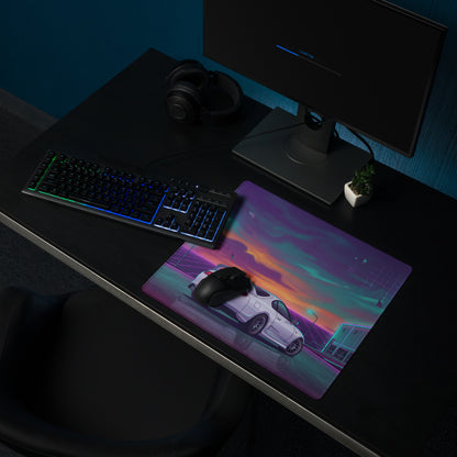 Toyota Supra MK4 Inspired White Purple Vaporwave Gaming Mouse Pad, Neon Retro Futuristic JDM Desk Mat with Synthwave Sunset Sports Car Art