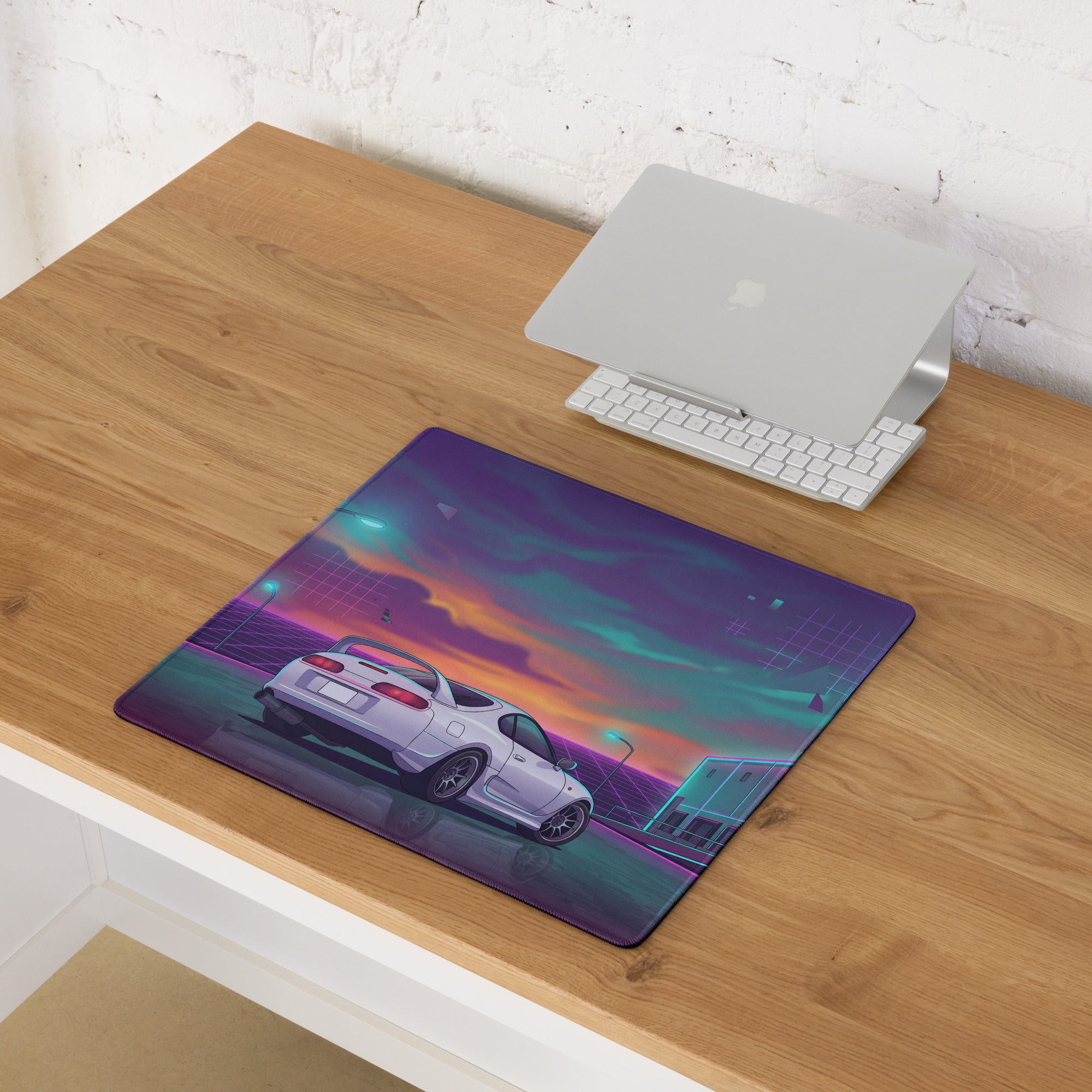 Toyota Supra MK4 Inspired White Purple Vaporwave Gaming Mouse Pad, Neon Retro Futuristic JDM Desk Mat with Synthwave Sunset Sports Car Art