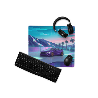Ford Mustang GT Inspired Purple Vaporwave Gaming Mouse Pad – Neon Mountain Sunset Desk Mat with Retro Futuristic Palm Trees and Synthwave Art
