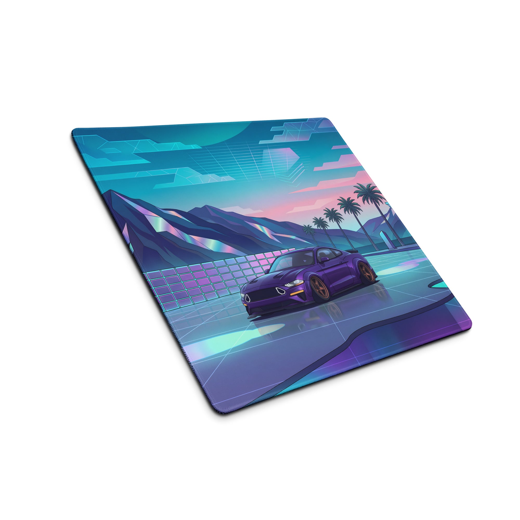 Ford Mustang GT Inspired Purple Vaporwave Gaming Mouse Pad – Neon Mountain Sunset Desk Mat with Retro Futuristic Palm Trees and Synthwave Art