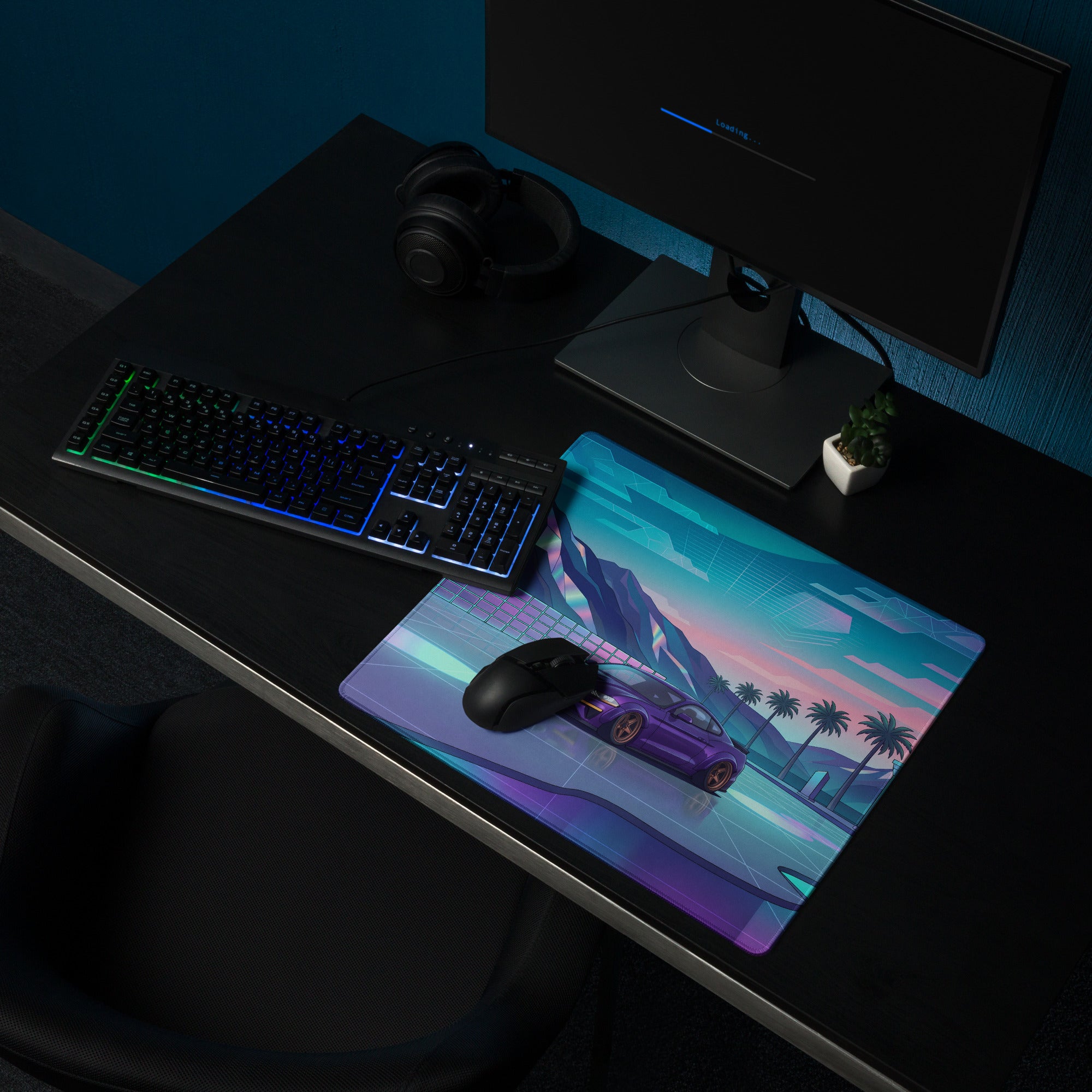 Ford Mustang GT Inspired Purple Vaporwave Gaming Mouse Pad – Neon Mountain Sunset Desk Mat with Retro Futuristic Palm Trees and Synthwave Art