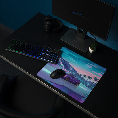 Ford Mustang GT Inspired Purple Vaporwave Gaming Mouse Pad – Neon Mountain Sunset Desk Mat with Retro Futuristic Palm Trees and Synthwave Art