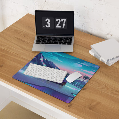 Ford Mustang GT Inspired Purple Vaporwave Gaming Mouse Pad – Neon Mountain Sunset Desk Mat with Retro Futuristic Palm Trees and Synthwave Art