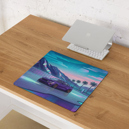 Ford Mustang GT Inspired Purple Vaporwave Gaming Mouse Pad – Neon Mountain Sunset Desk Mat with Retro Futuristic Palm Trees and Synthwave Art