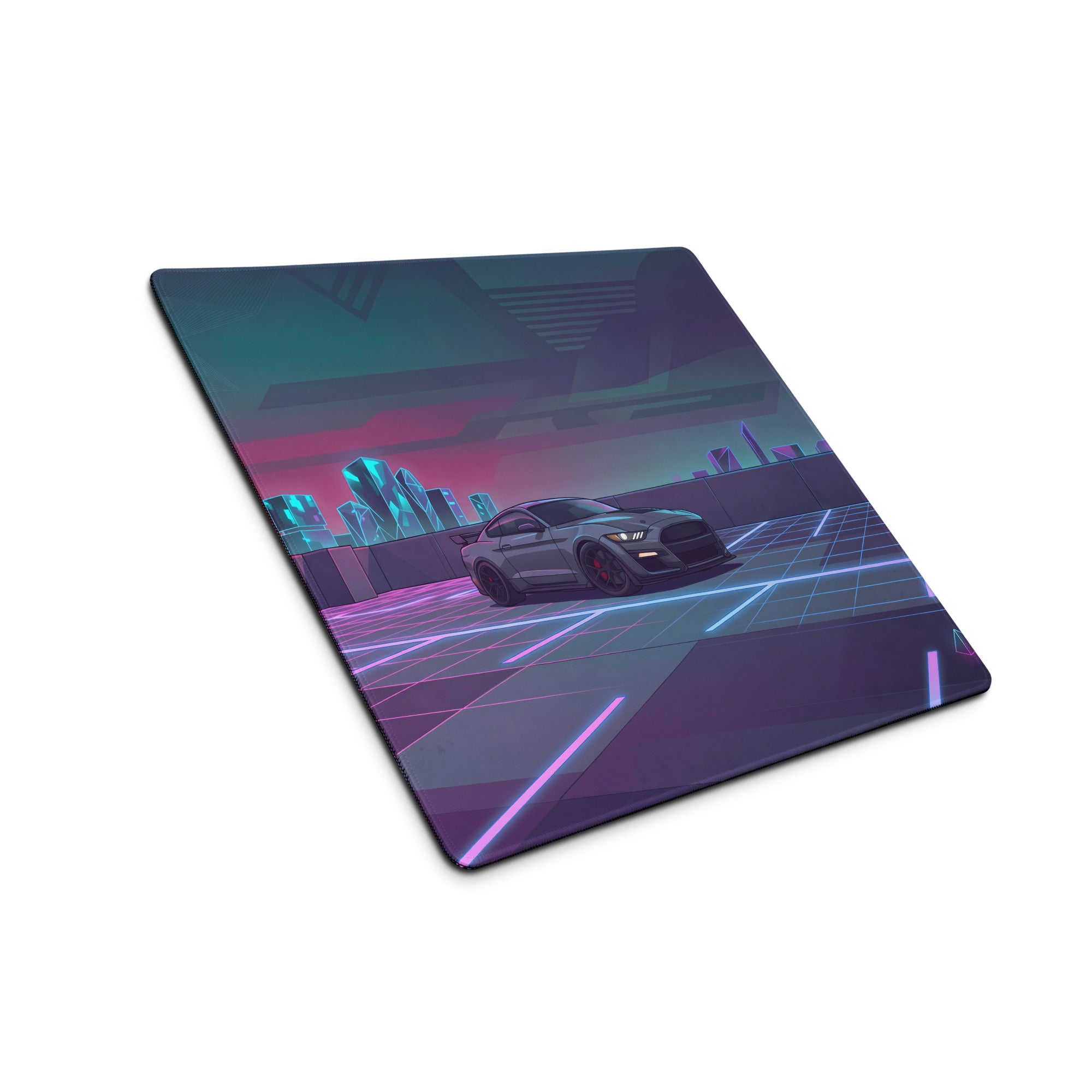 Ford Mustang Shelby GT500 Inspired Gray Vaporwave Gaming Mouse Pad – Neon Pink Blue Cityscape Desk Mat with Retro Futuristic Palm Tree Art