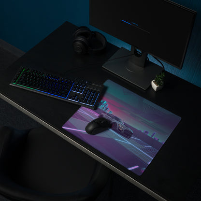 Ford Mustang Shelby GT500 Inspired Gray Vaporwave Gaming Mouse Pad – Neon Pink Blue Cityscape Desk Mat with Retro Futuristic Palm Tree Art