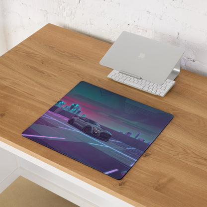 Ford Mustang Shelby GT500 Inspired Gray Vaporwave Gaming Mouse Pad – Neon Pink Blue Cityscape Desk Mat with Retro Futuristic Palm Tree Art