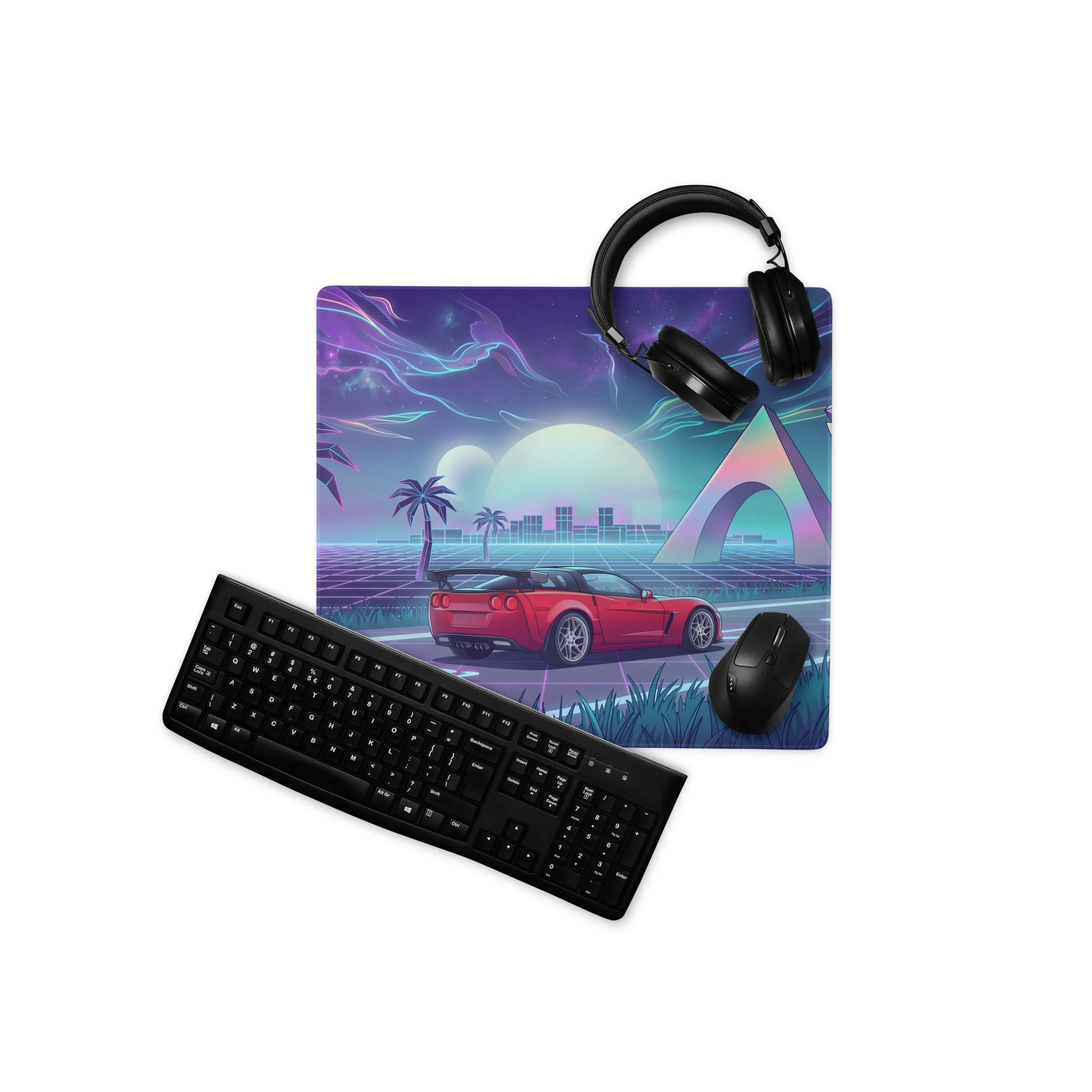 Chevrolet Corvette C6 Z06 Inspired Red Vaporwave Gaming Mouse Pad – Neon Purple Retro Futuristic Road Desk Mat with Palm Trees and Cosmic Synthwave Art