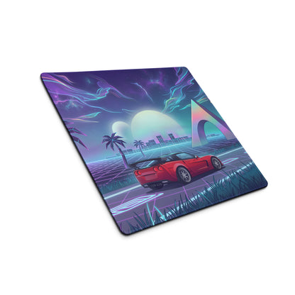 Chevrolet Corvette C6 Z06 Inspired Red Vaporwave Gaming Mouse Pad – Neon Purple Retro Futuristic Road Desk Mat with Palm Trees and Cosmic Synthwave Art