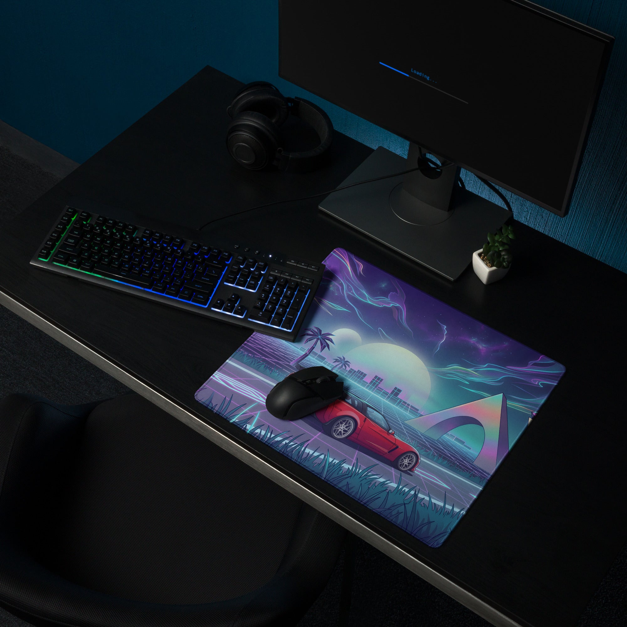 Chevrolet Corvette C6 Z06 Inspired Red Vaporwave Gaming Mouse Pad – Neon Purple Retro Futuristic Road Desk Mat with Palm Trees and Cosmic Synthwave Art