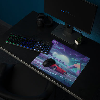 Chevrolet Corvette C6 Z06 Inspired Red Vaporwave Gaming Mouse Pad – Neon Purple Retro Futuristic Road Desk Mat with Palm Trees and Cosmic Synthwave Art