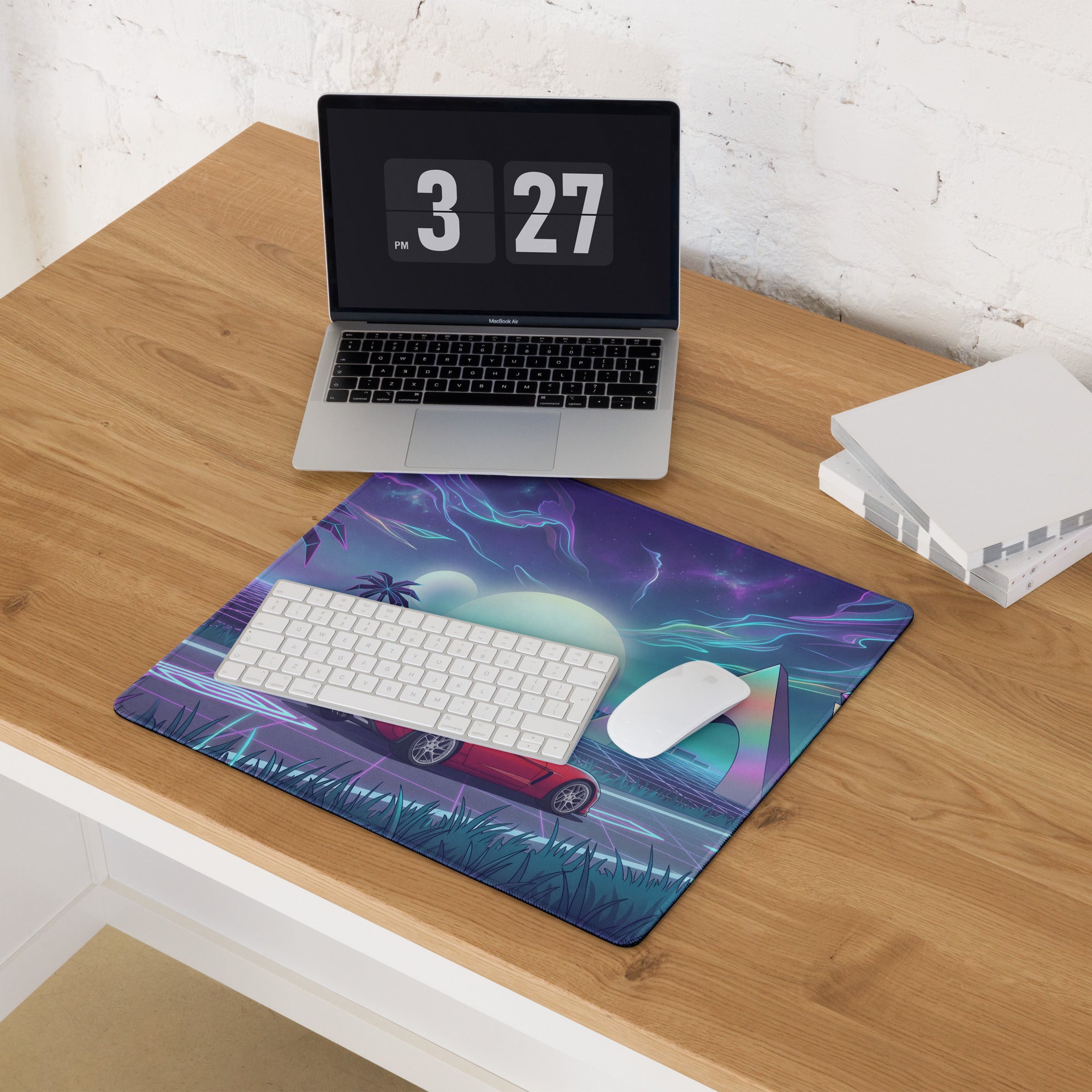 Chevrolet Corvette C6 Z06 Inspired Red Vaporwave Gaming Mouse Pad – Neon Purple Retro Futuristic Road Desk Mat with Palm Trees and Cosmic Synthwave Art