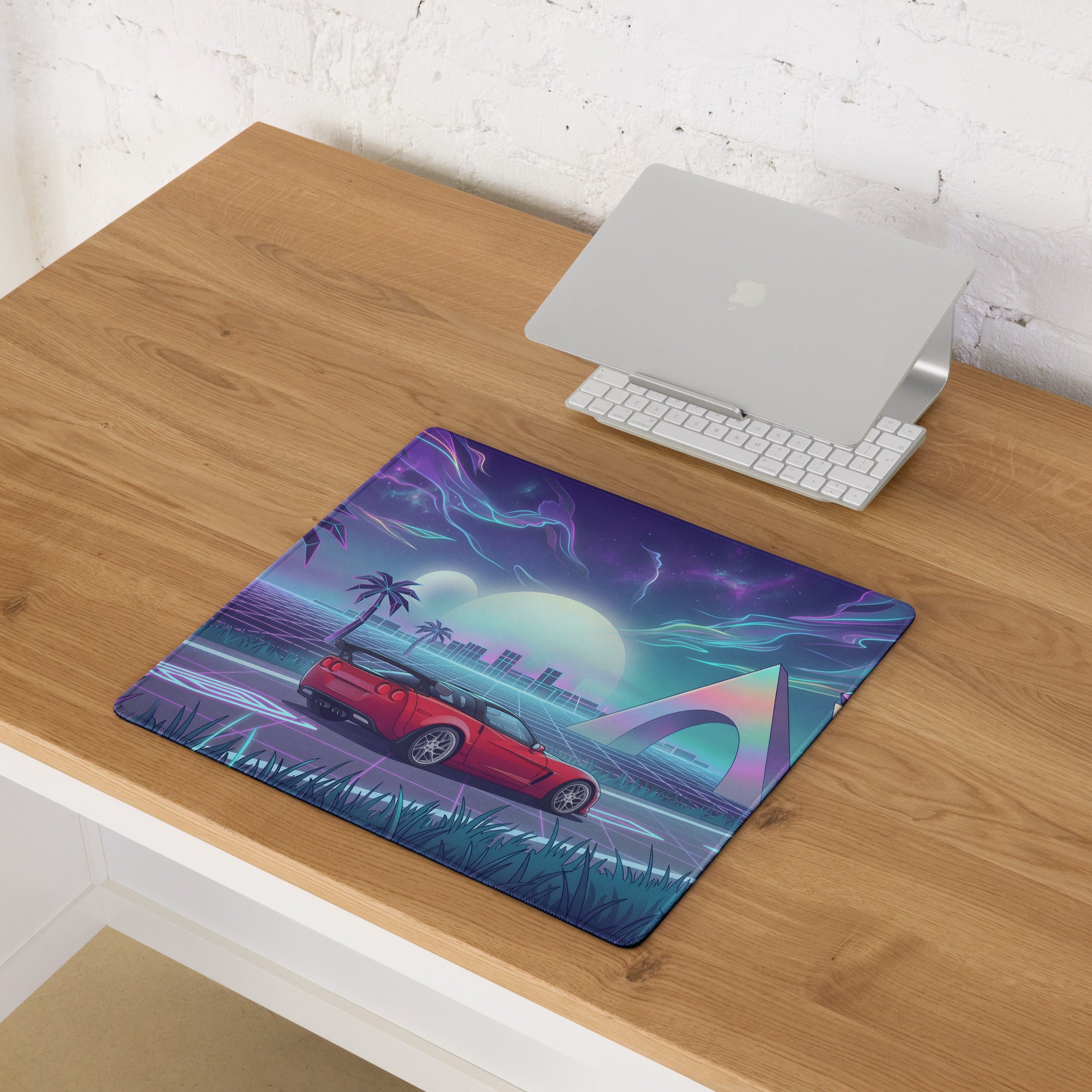 Chevrolet Corvette C6 Z06 Inspired Red Vaporwave Gaming Mouse Pad – Neon Purple Retro Futuristic Road Desk Mat with Palm Trees and Cosmic Synthwave Art