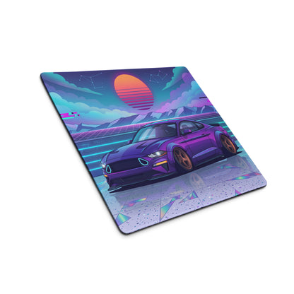 Ford Mustang GT Inspired Purple Vaporwave Gaming Mouse Pad – Neon Blue Retro Futuristic Sunset Desk Mat with Synthwave Mountains and Cyber Grid Art