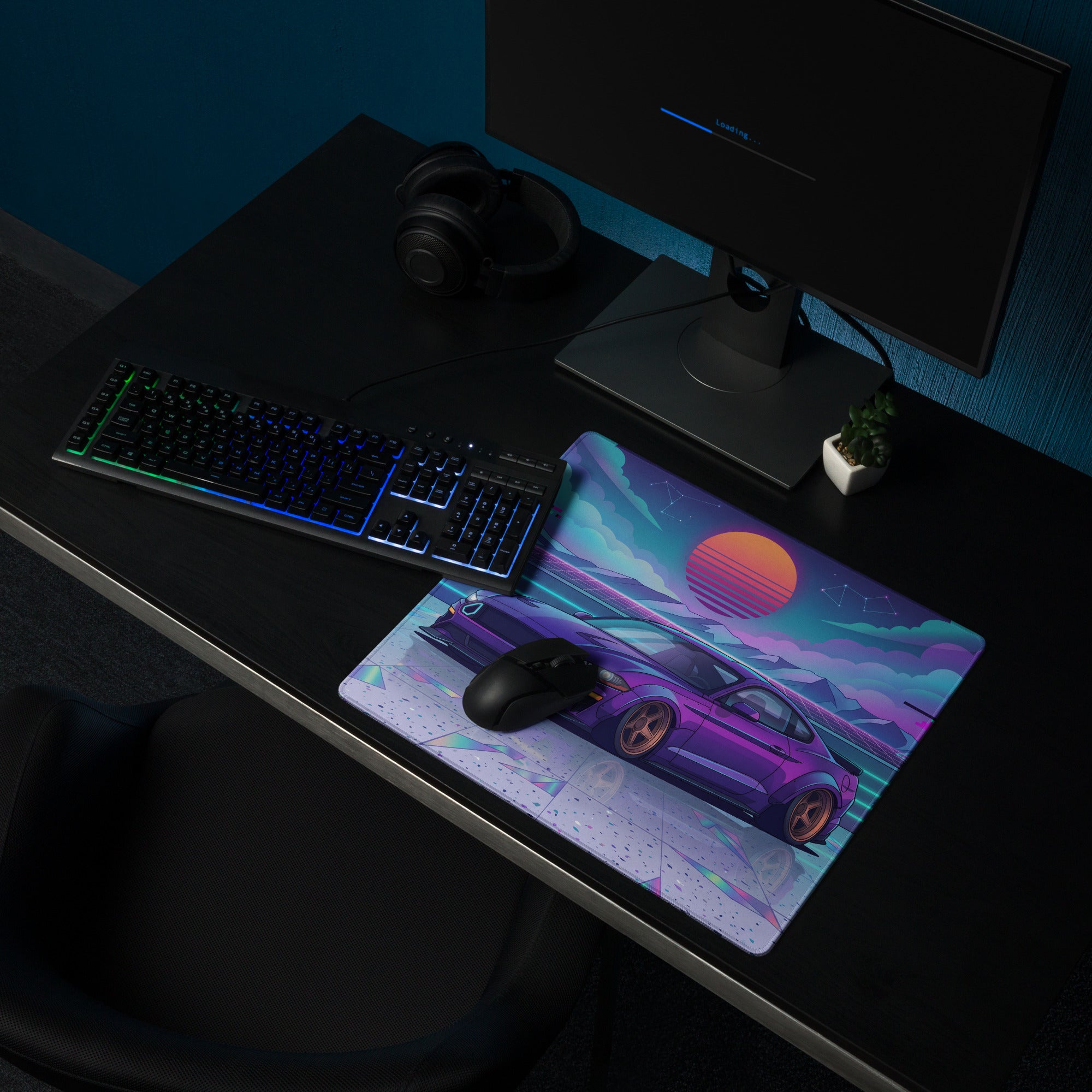 Ford Mustang GT Inspired Purple Vaporwave Gaming Mouse Pad – Neon Blue Retro Futuristic Sunset Desk Mat with Synthwave Mountains and Cyber Grid Art