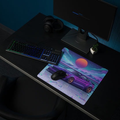 Ford Mustang GT Inspired Purple Vaporwave Gaming Mouse Pad – Neon Blue Retro Futuristic Sunset Desk Mat with Synthwave Mountains and Cyber Grid Art