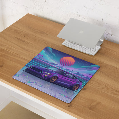 Ford Mustang GT Inspired Purple Vaporwave Gaming Mouse Pad – Neon Blue Retro Futuristic Sunset Desk Mat with Synthwave Mountains and Cyber Grid Art
