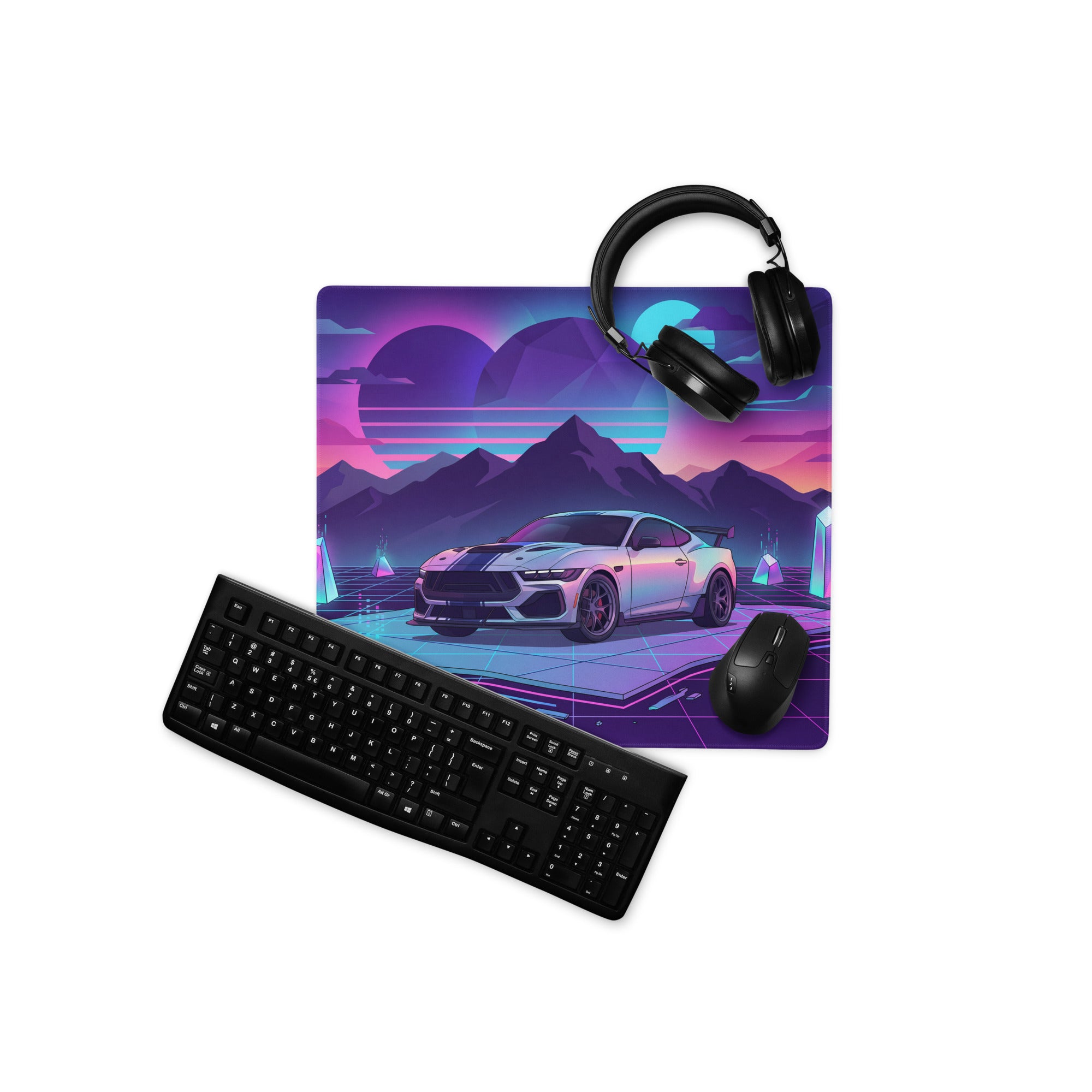 Ford Mustang Dark Horse Inspired Silver Vaporwave Gaming Mouse Pad – Neon Purple Mountain Desk Mat with Retro Futuristic Grid and Crystal Art