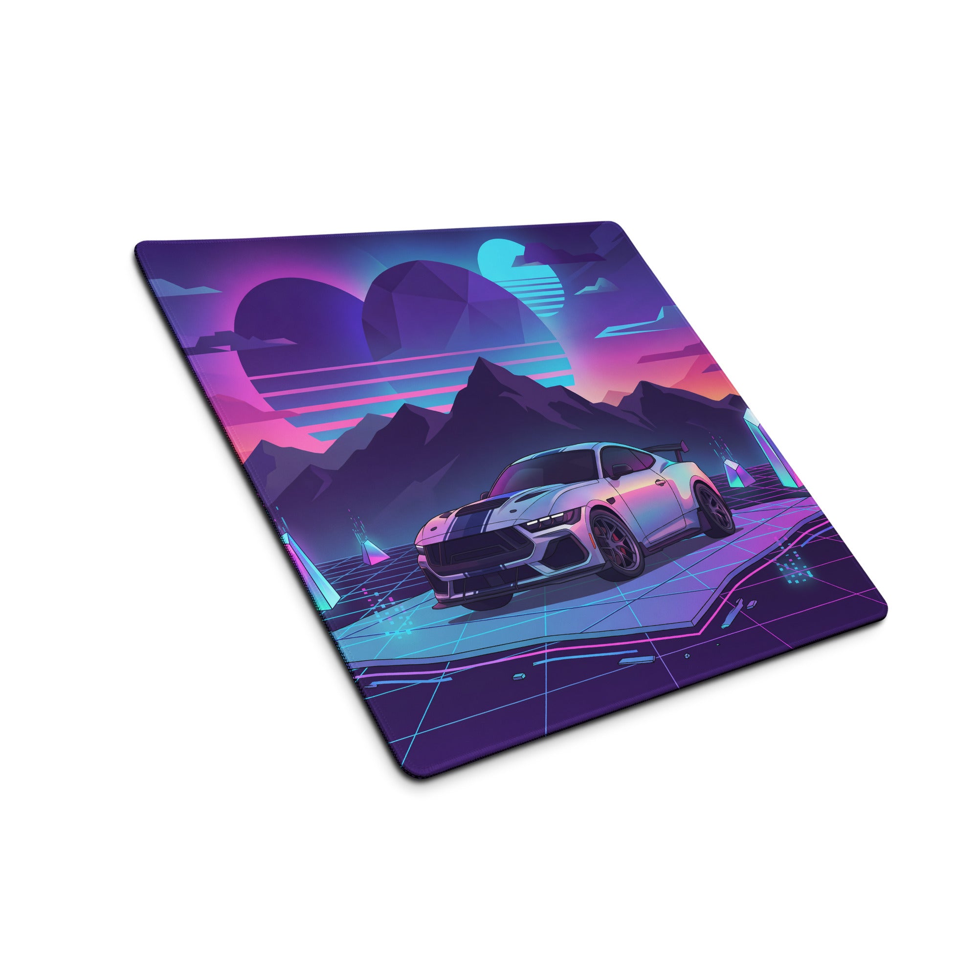 Ford Mustang Dark Horse Inspired Silver Vaporwave Gaming Mouse Pad – Neon Purple Mountain Desk Mat with Retro Futuristic Grid and Crystal Art