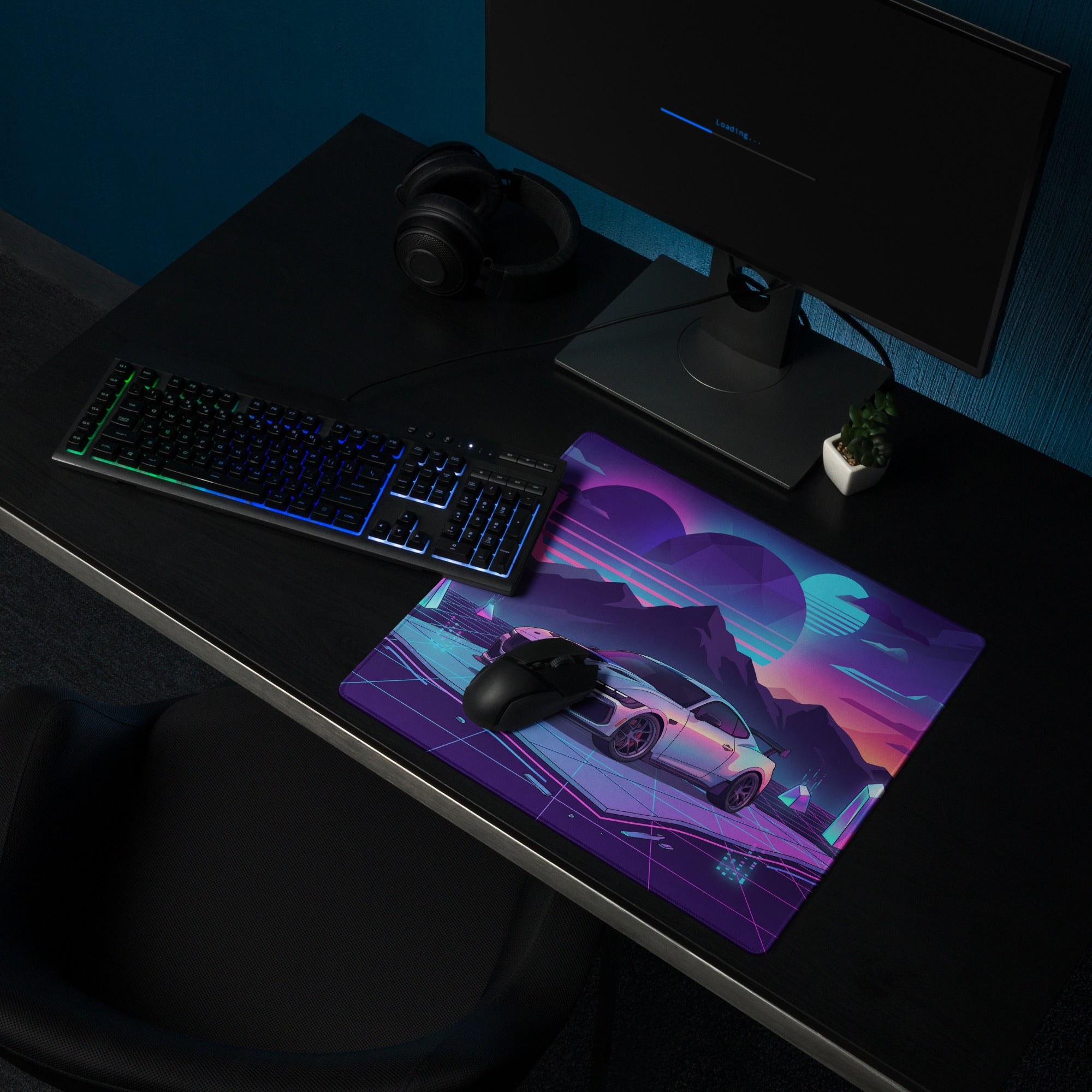 Ford Mustang Dark Horse Inspired Silver Vaporwave Gaming Mouse Pad – Neon Purple Mountain Desk Mat with Retro Futuristic Grid and Crystal Art