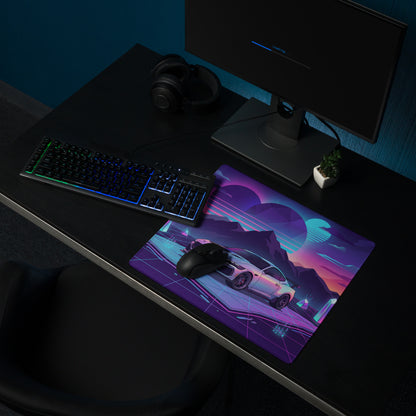 Ford Mustang Dark Horse Inspired Silver Vaporwave Gaming Mouse Pad – Neon Purple Mountain Desk Mat with Retro Futuristic Grid and Crystal Art